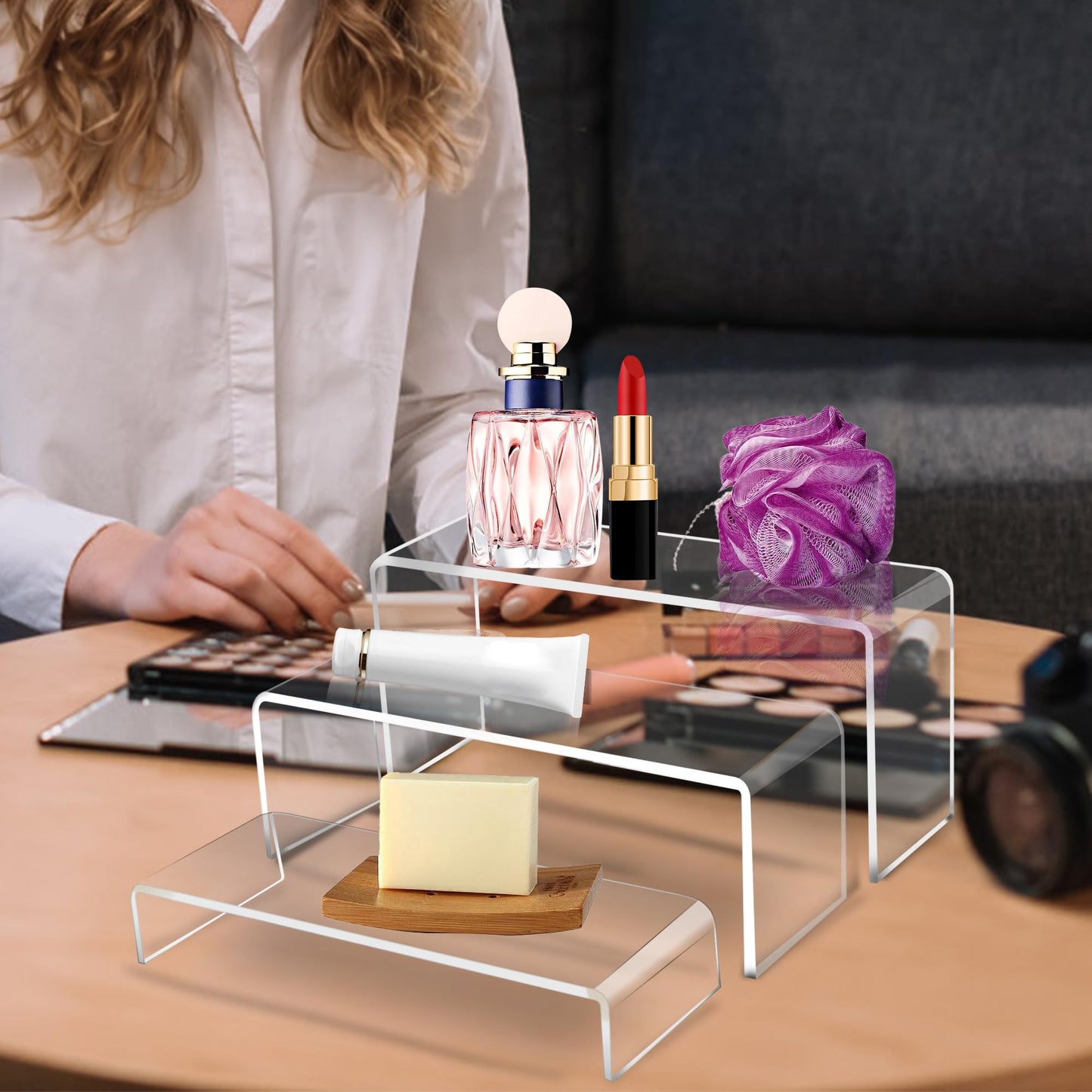 Jusalpha 3 Pcs 12" Large Acrylic Risers 5mm thickness Rectangular Display Shelf for Cupcake Stand, Tiered Display Stand for Funko Candy Shoe Showcase, Collectibles (3 Pieces)