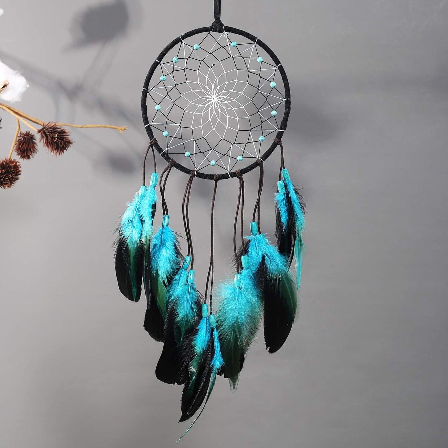 Dream Catcher with Bicolor Mesh, Handmade Dark Tone Dreamcatcher with Black and Turquoise Feather Wall Hanging