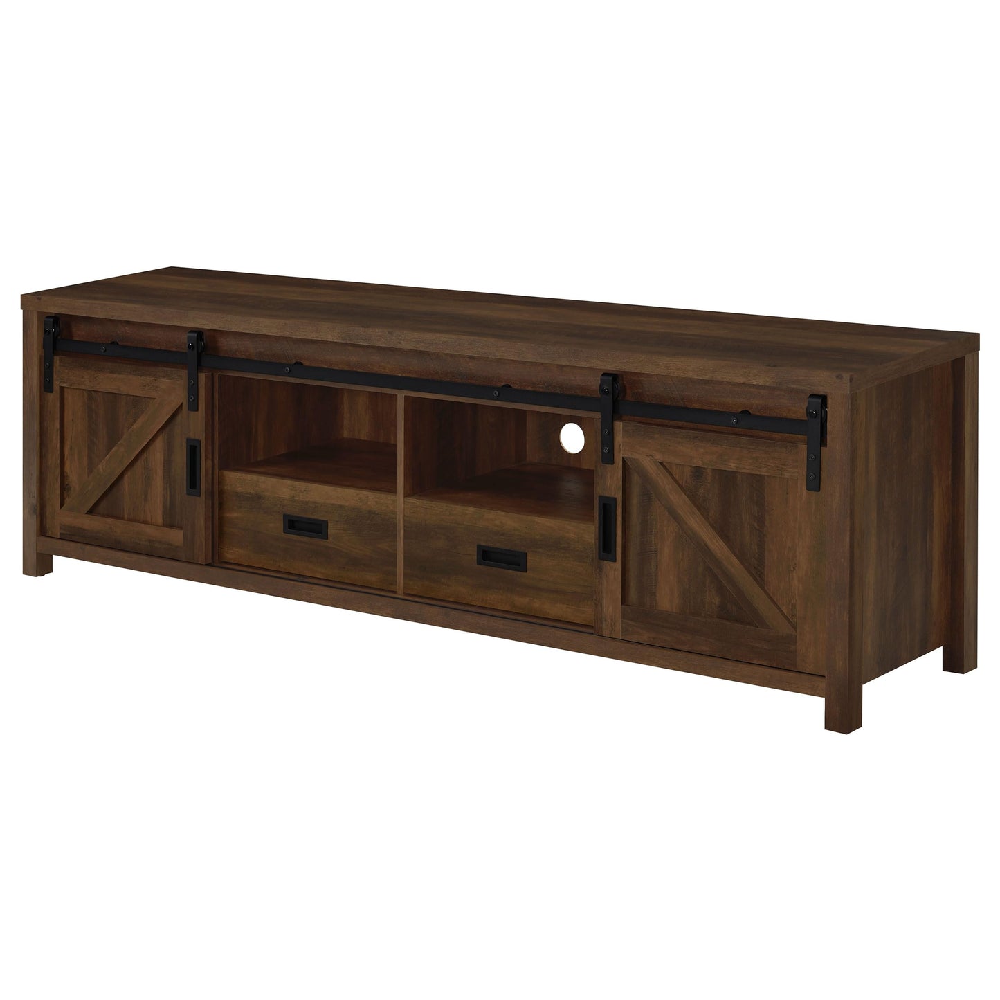 Coaster Home Furnishings - Madra - Engineered Wood - 79-Inch TV Stand with Sliding Barn Doors, 2 Open Shelves - Living Room - Dark Pine - 736273