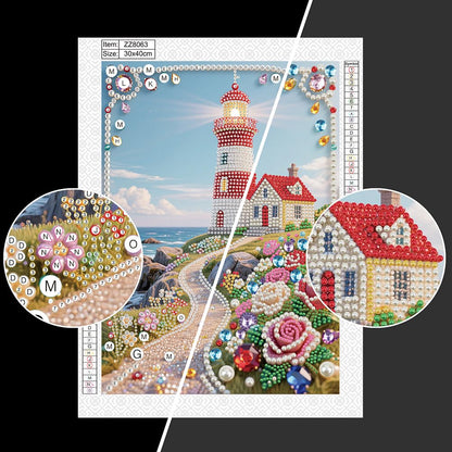 DIADAY 5D DIY Pearl Painting Kit for Adults, Lighthouse Pearl Art with Diamond Special Shape Rhinestones Accents, 3D Relief Beads Craft Home Wall Decor Gift, 12 x 16 Inches