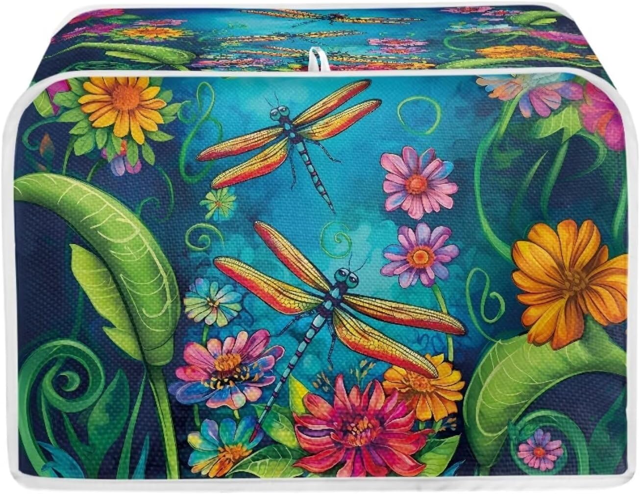 Dragonfly Flower Printed Toaster Cover, 2 Slice Long Slot, Washable Dust Protection for Kitchen Small Appliances