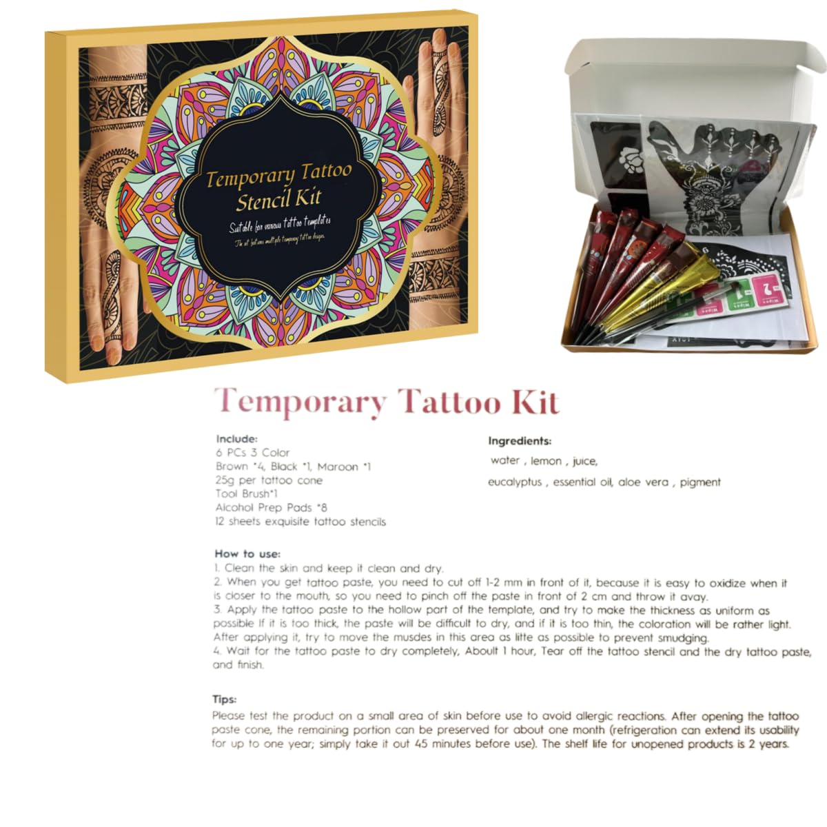 ManYan HaiYan Temporary Tattoo Stencils Kit - Reusable 12 Large Sheets, 78 Unique Designs - 6 Tattoo Cones 3 Colors (Brown/Black/Maroon) with Brush & Wipes for DIY Body Art, Festivals, Parties, Makeup