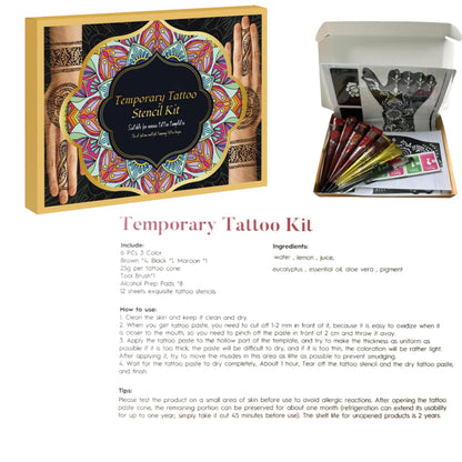 ManYan HaiYan Temporary Tattoo Stencils Kit - Reusable 12 Large Sheets, 78 Unique Designs - 6 Tattoo Cones 3 Colors (Brown/Black/Maroon) with Brush & Wipes for DIY Body Art, Festivals, Parties, Makeup