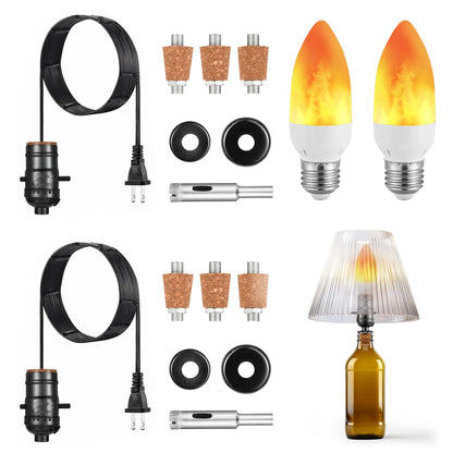 Lpraer 2 Set DIY Wine Bottle Lamp Kit with E26 LED Light Bulbs for Liquor Bottle, w/Glass Drill Bit and Lid, Black Cord w/Lamp Socket, 3 Size Tapper Cork (W/ 2 Flame Effect Light Bulbs)