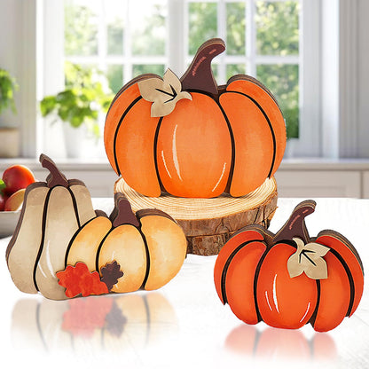 3PCS Wooden Pumpkin Fall Decor- Double Side Fall Pumpkin Decorations for Home Thanksgiving Table Centerpieces for Home, Office, Mantel and Shelf Autumn Decorations (D3)