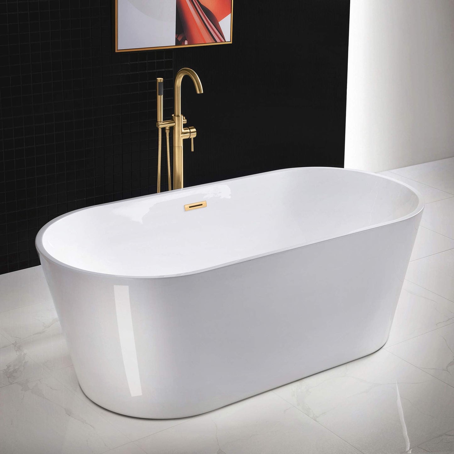 WOODBRIDGE 67" Acrylic Freestanding Bathtub Contemporary Soaking White Tub with Brushed Gold Overflow and Drain，B0013 -BG-Drain &O