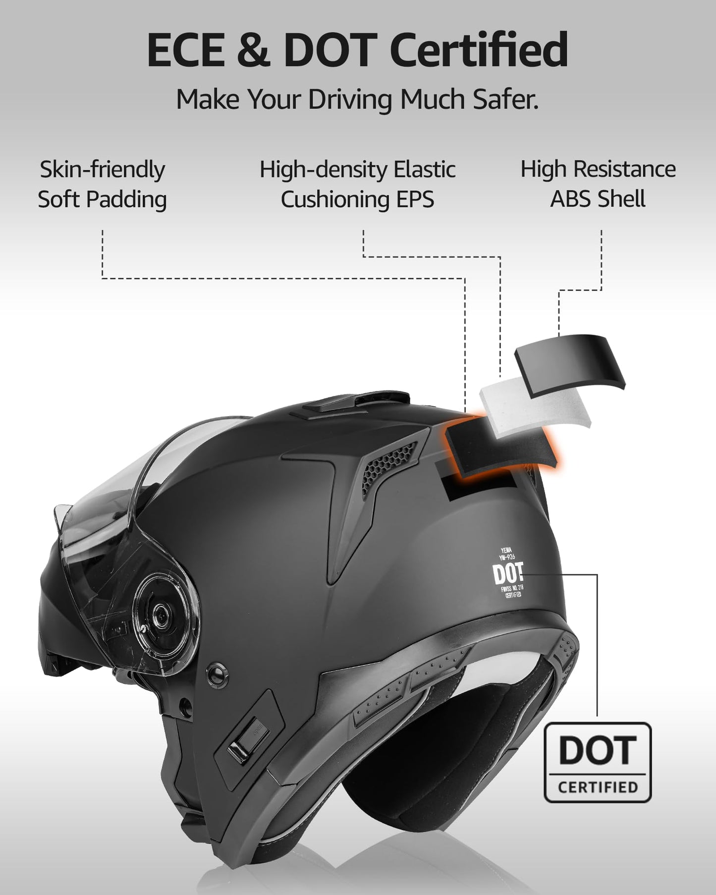 YEMA Modular Motorcycle Helmets, DOT Approved Full Face Motorcycle Helmet with Flip Up Dual Visor, Helmets for Adults Men Women Helmets for Street Scooter ATV E-Bike - YM-926 (Matte Black, XXL)