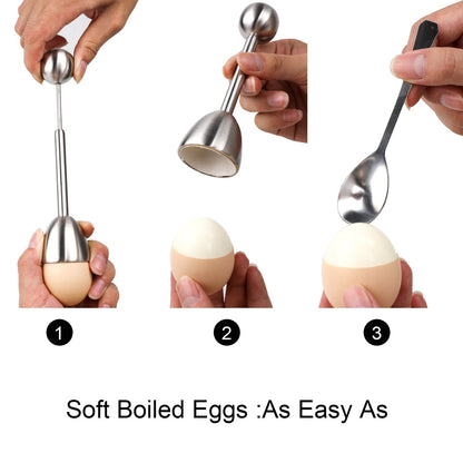 Egg Cracker Topper Set Soft Hard Boiled Eggs Separator Holder Include 4 Egg Spoons and 4 Egg Cups 1 Shells Remover Top Cutter Stainless Steel for Breakfast Kitchen Tool
