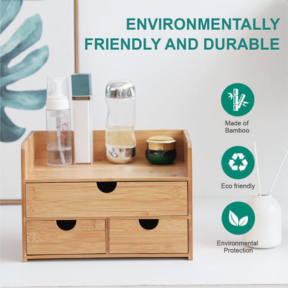 MAGIC BAMBOO 3 Drawer Bamboo Desk Organizer with Shelf – Makeup Storage & Tabletop Organizer for Home Office, Workspace, or Bathroom – No Assembly Required