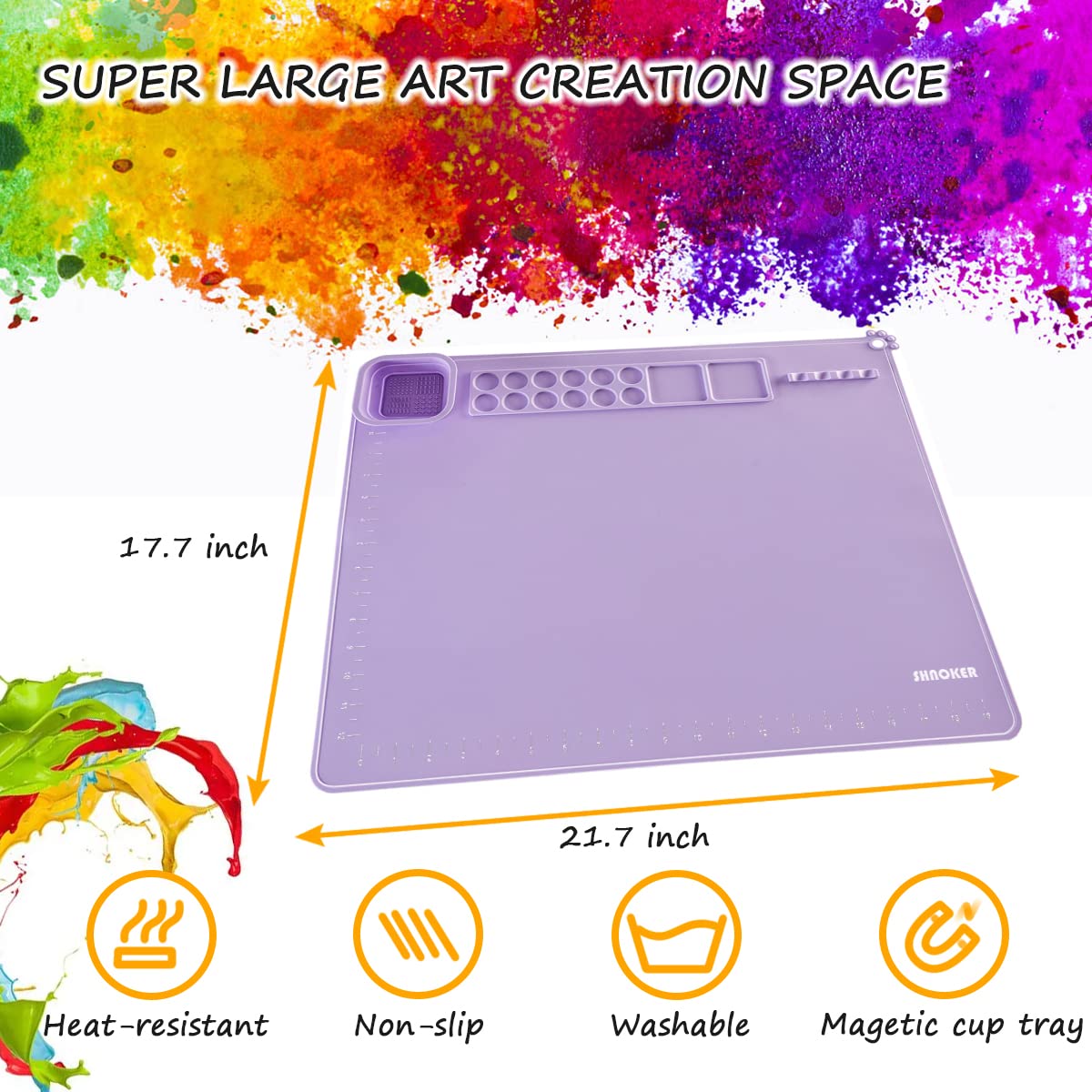 SHNOKER Silicone Craft Mat 21.7"x17.7" Super Large Silicone Painting Mat with 1 Magnetic Cup and Color Palette for Kids and Artist (Purple)