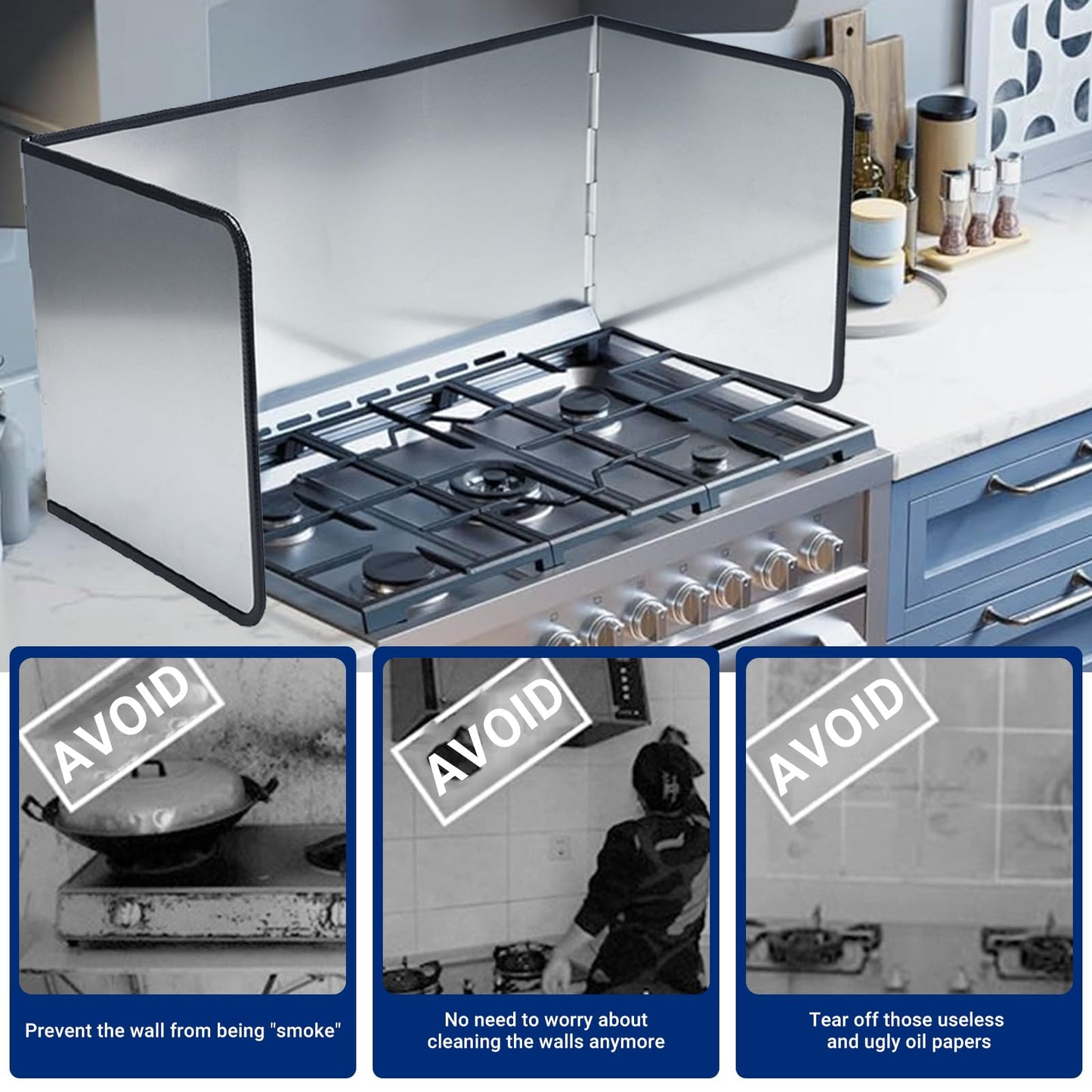 KOBSAINF 4 Sided Splatter Guard,Foldable Stainless Steel Oil Splatter Screens for Frying,Oil Splash Insulation Board,Nonstick Oil Splatter Guard Stove Heat Insulation Board for Cooking