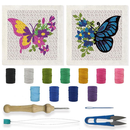 BEUNITONE 2 Sets DIY Punch Needle Kits for Beginners,Butterfly Pre-Printed Pattern,Embroidery Punch Needle Starter Kits for Adults,Includes Pre-Printed Cloth,Yarns,Hoops,Threader and Instructions