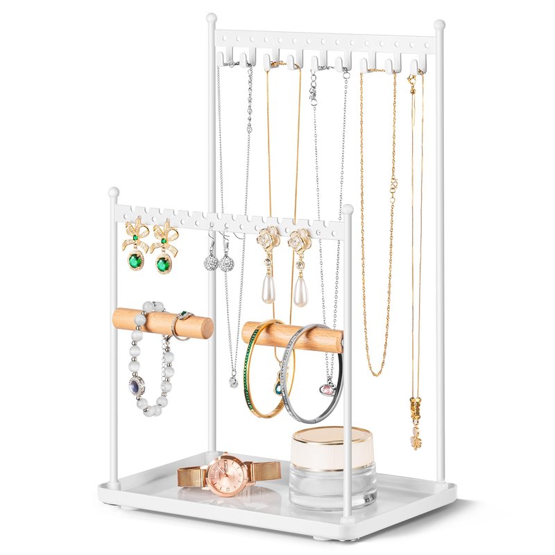 Josmimic 3 Tier white Jewelry Stand, Necklace Organizer, Earring Holder with 44 Holes and 9 Hooks, for Necklaces, Bracelets, Rings