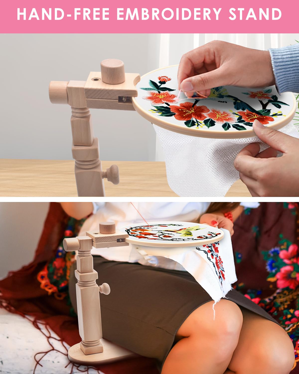 TINDTOP Beech Wood Embroidery Hoop Stand, with 3pcs Embroidery Hoops (3inch + 6inch + 8inch), Adjustable Rotated Wooden Embroidery Hoop Holder for Cross Stitch and Embroidery Projects