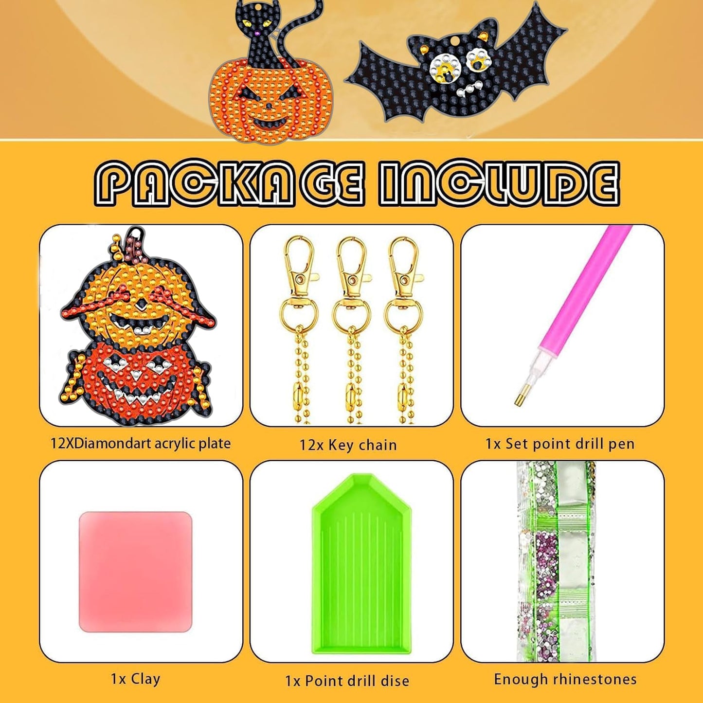 12 Pcs Halloween 5D DIY Diamond Art Painting Keychains Kits for Adult Beginners. Double Sided Hanging Halloween Party Keychains and Ornaments for Decoration Gifts (key03)