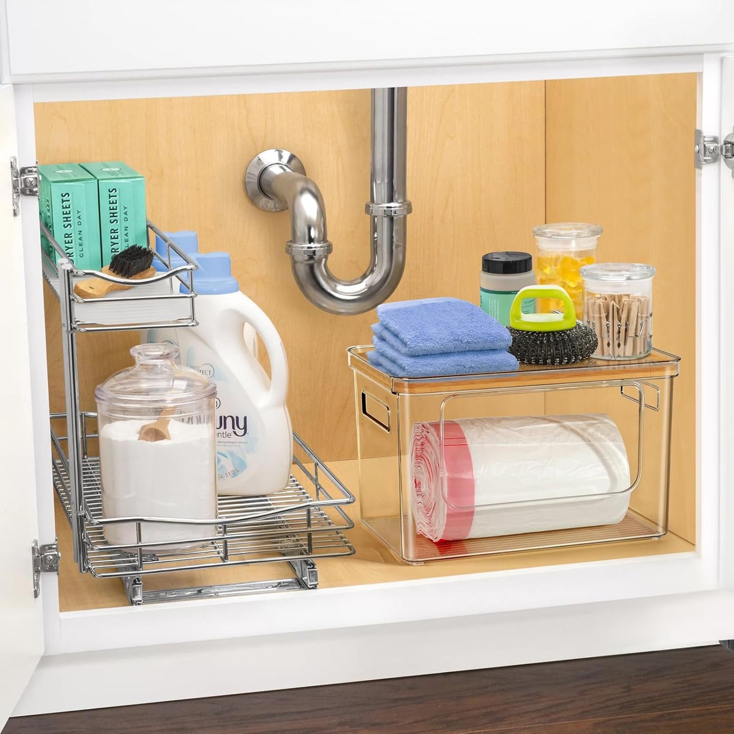 Hudgan Stackable Storage with Bamboo Top for Laundry Room Organization, Extra Large Trash Bag/Garbage Bag Dispenser, Under Sink Organizer, Pantry Organizers