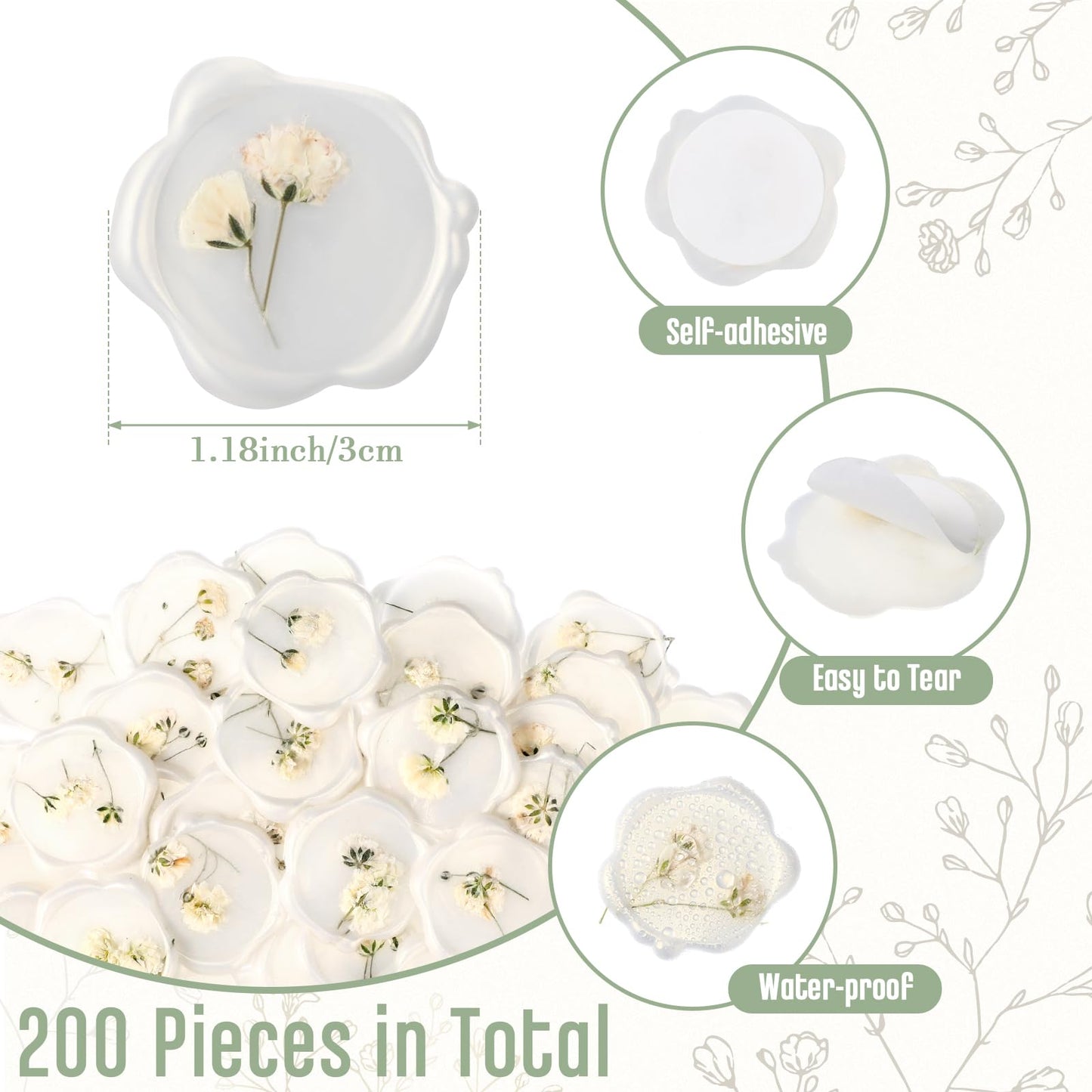 Qilery 50 Pcs Wax Seal Stickers Babys Breath Dried Floral Envelopes Seals Stickers Bulk for Wedding Invitation Bridal Shower Birthday Party Letter Greeting Cards Gift Wrapping, Self Adhesive (White)