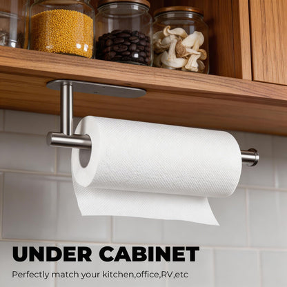 CUXIXA Paper Towel Holder Under Cabinet 2 Pack,Stainless Steel Paper Towel Holder Wall Mount for Kitchen, Bathroom, RV, Paper Towel Rack with Self Adhesive and Screws (Silver)