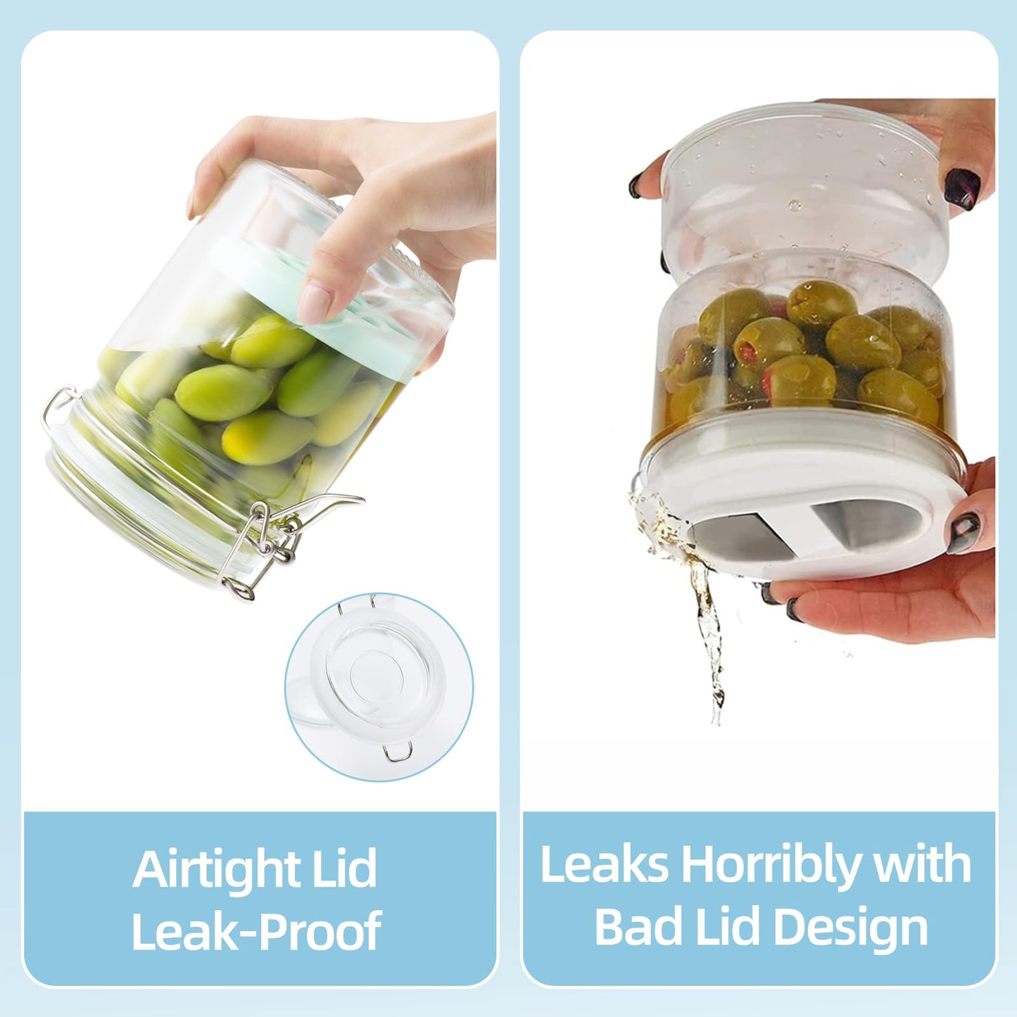 2 Pcs Pickle Jar with Strainer, 25 Oz Glass Pickle Container with Silicone Lift Separator, Airtight Lid Olive Storage Mason Jar for Jalapeno Gherkin Kimchi Marinade Fermenting Canning Jars Wide Mouth