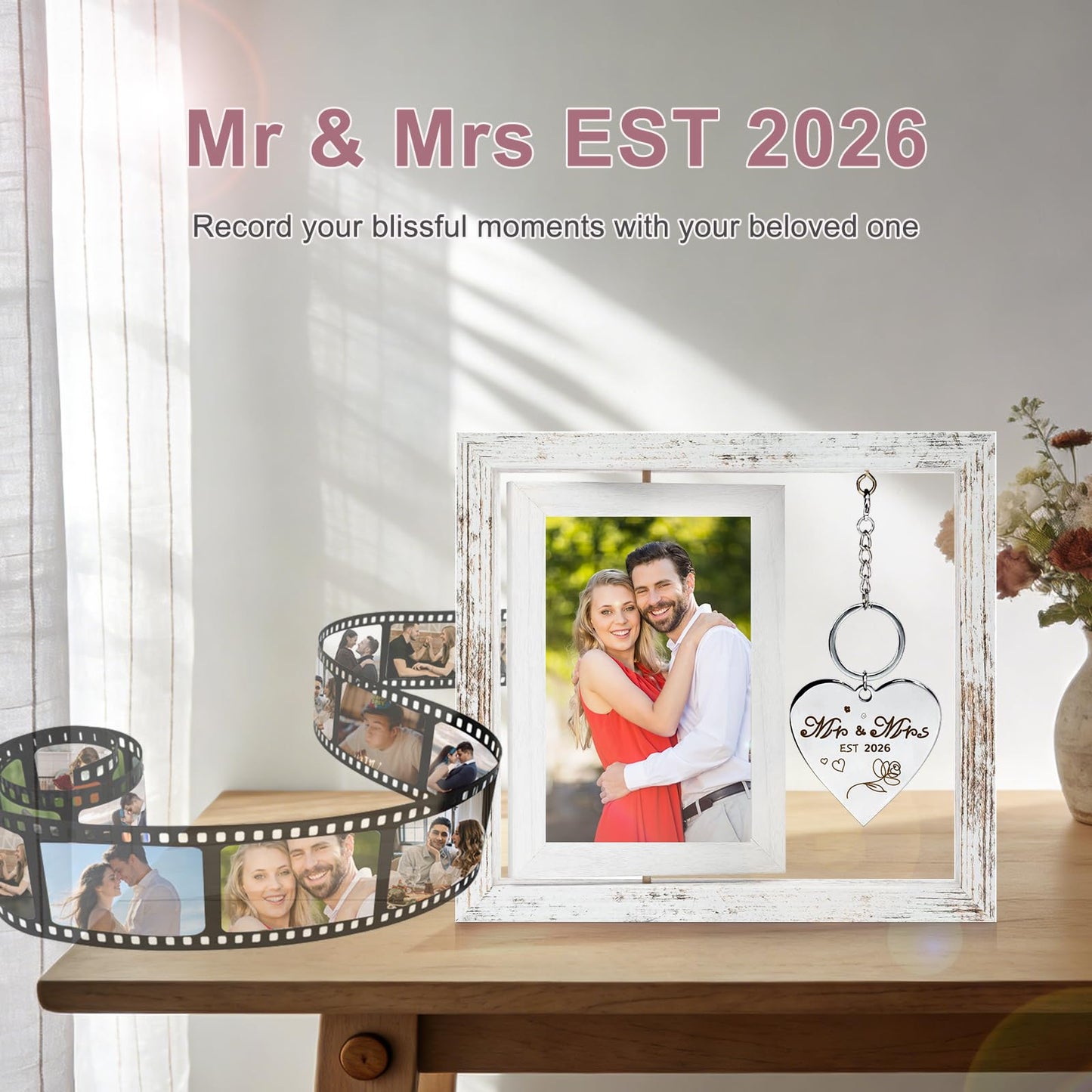 Fooyekep Wedding Gifts for Couples 2026, Wedding Picture Frame - Rotating Floating Mr and Mrs Frame, Bridal Shower Gifts for Bride, Engagement Gift for Couples Newlyweds, Holds 4x6 Pictures