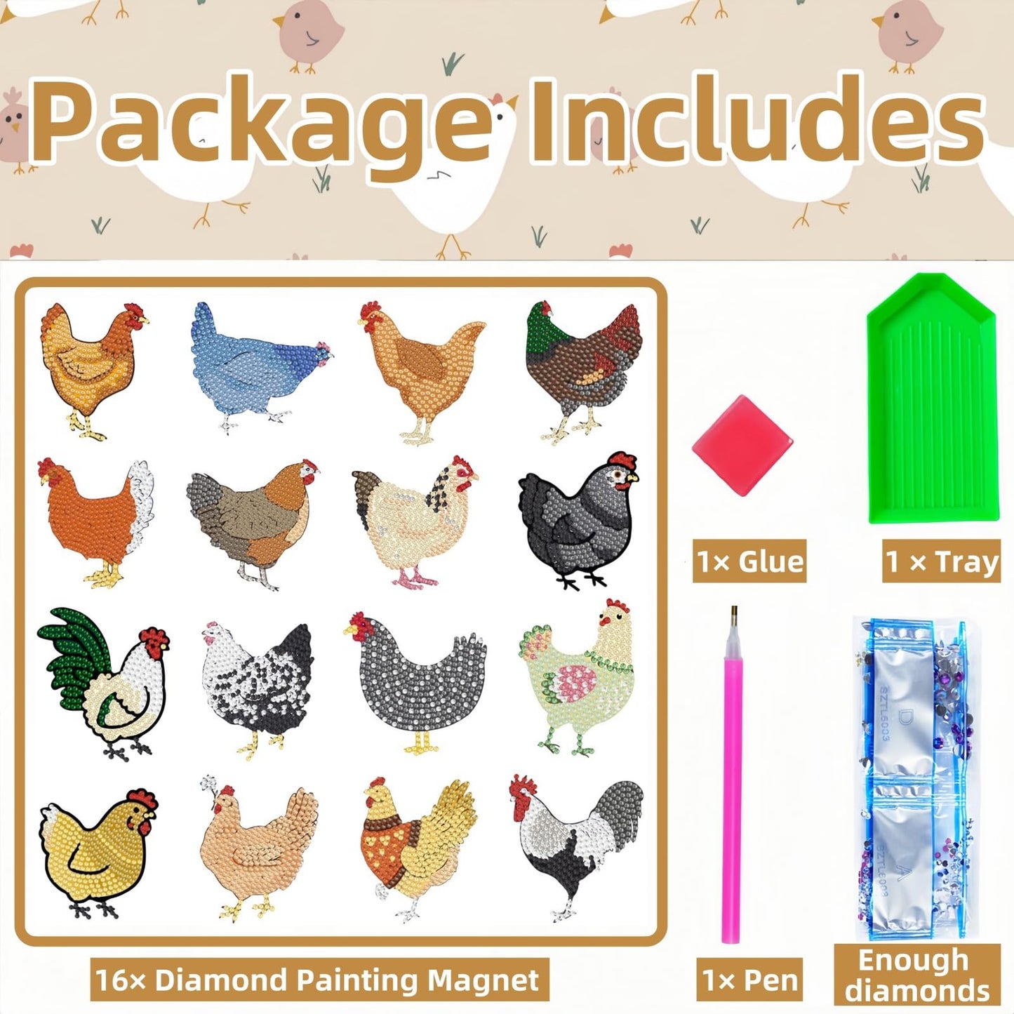 16 Pcs Chicken Diamond Painting Magnets Kits Diamond Art Fridge Magnet Refrigerator Sticker Diamond Painting kit for Beginners Adults DIY Art Craft Gifts Home Decors