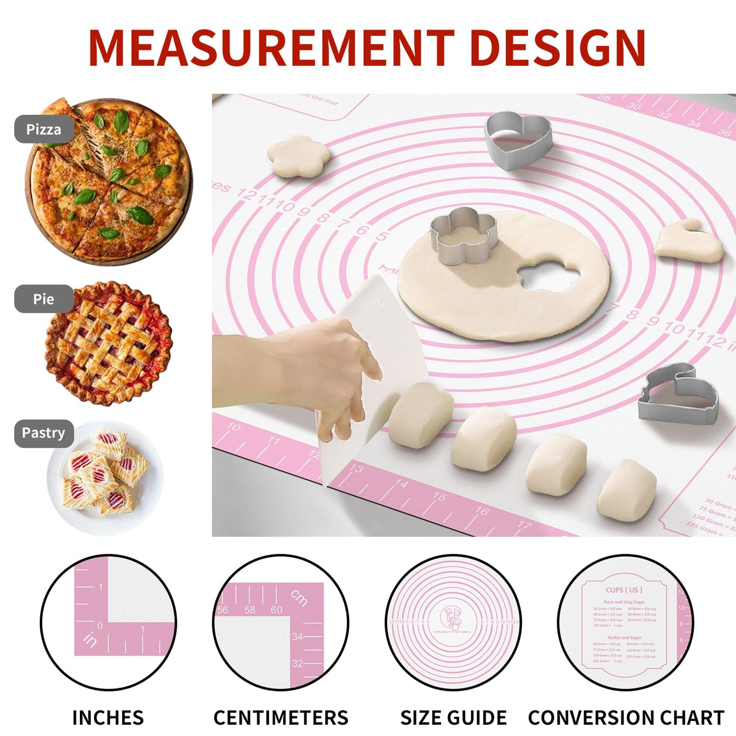 Silicone Pastry Mat for Dough Rolling, Extra Large Silicone Baking Mat with Measurements, Baking sheet for Cookies Fondant Pie Crust, Countertop Protector