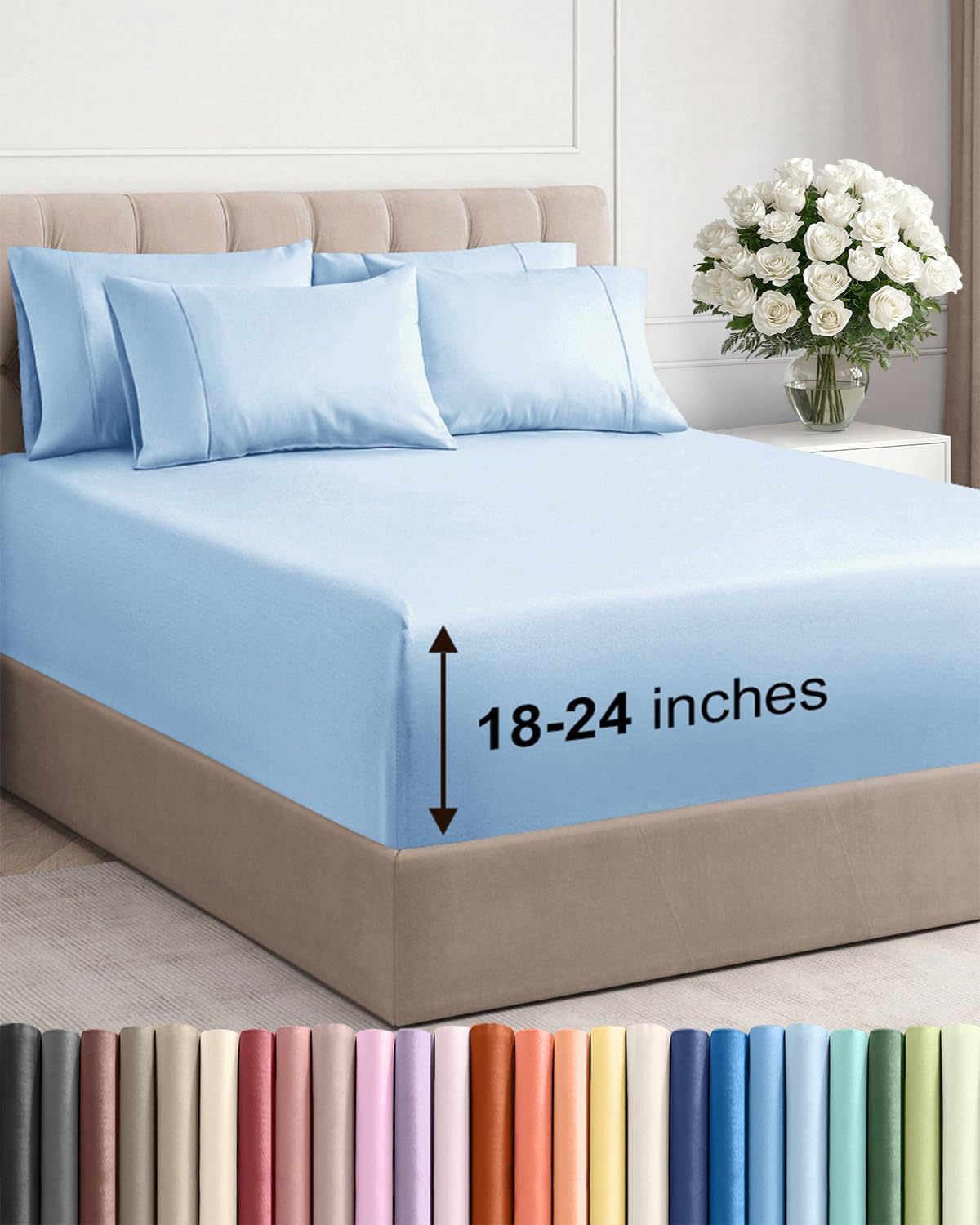 Skiennix Extra Deep Full Sheet Set - 6-Piece Breathable Cooling Bedding - Soft, Wrinkle-Free Light Blue