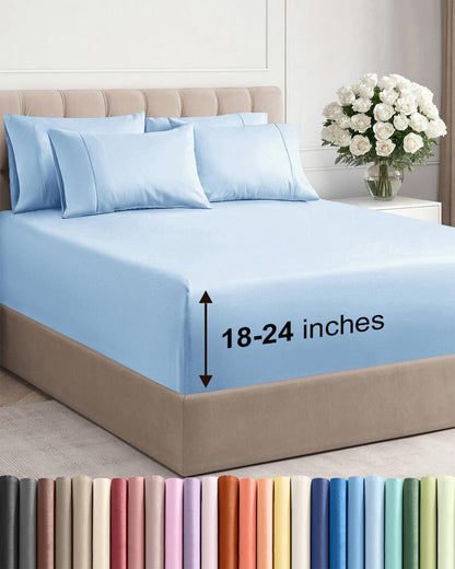 Skiennix Extra Deep Full Sheet Set - 6-Piece Breathable Cooling Bedding - Soft, Wrinkle-Free Light Blue