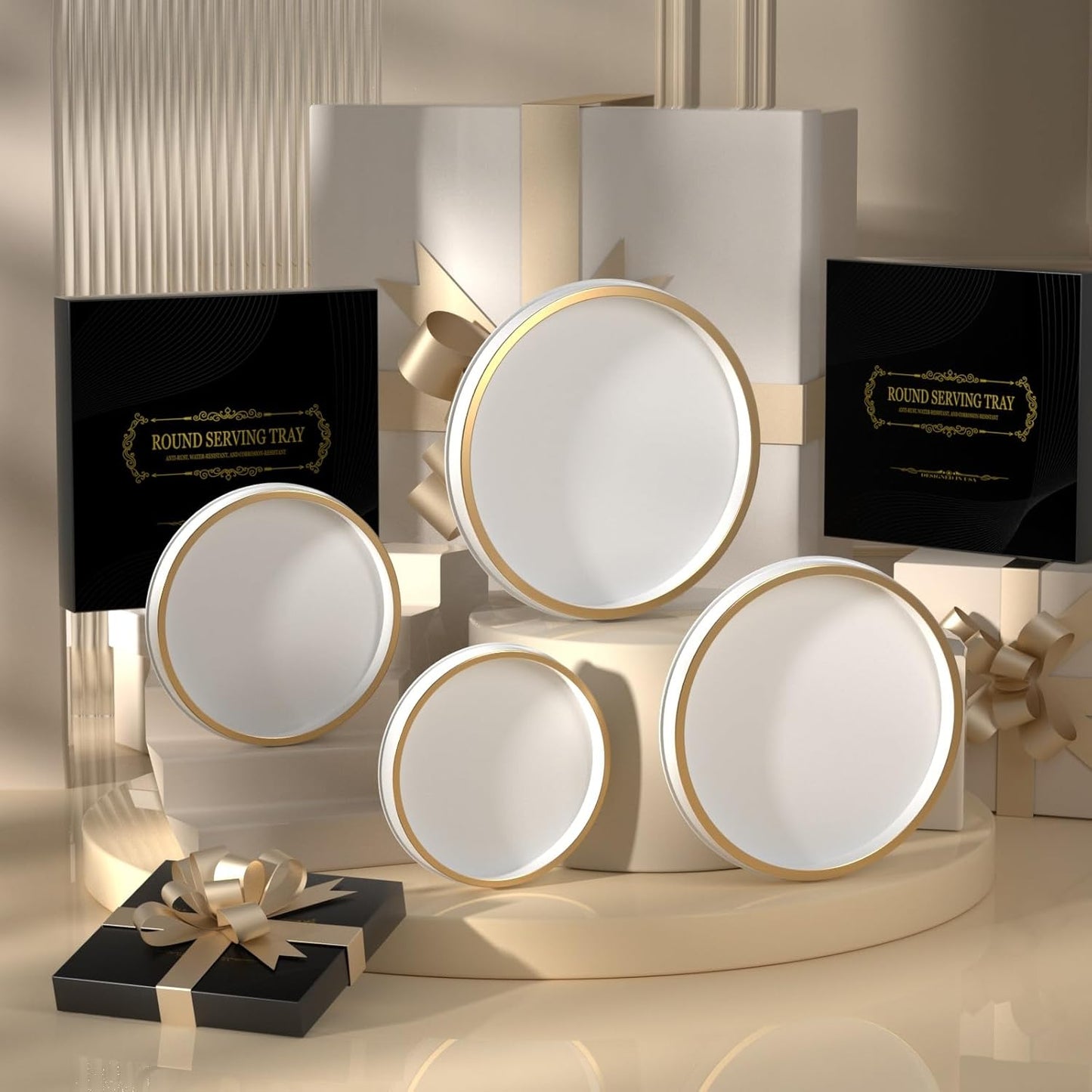 HGF Bathroom Vanity Tray, 10 Inch Lightweight Metal Round Decorative Tray for Kitchen Counter, White Brushed Gold