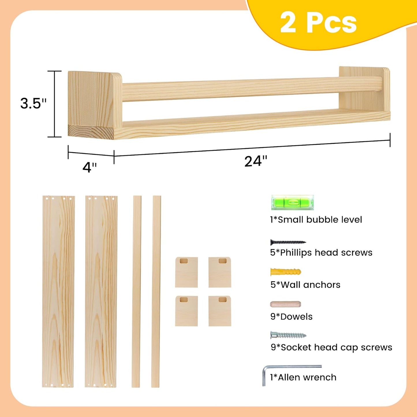 24Inch Set 2 Fun Memories Nursery Book Shelves, Floating Shelf for Wall, Wall Bookshelf for Kids Solid Wood Wall