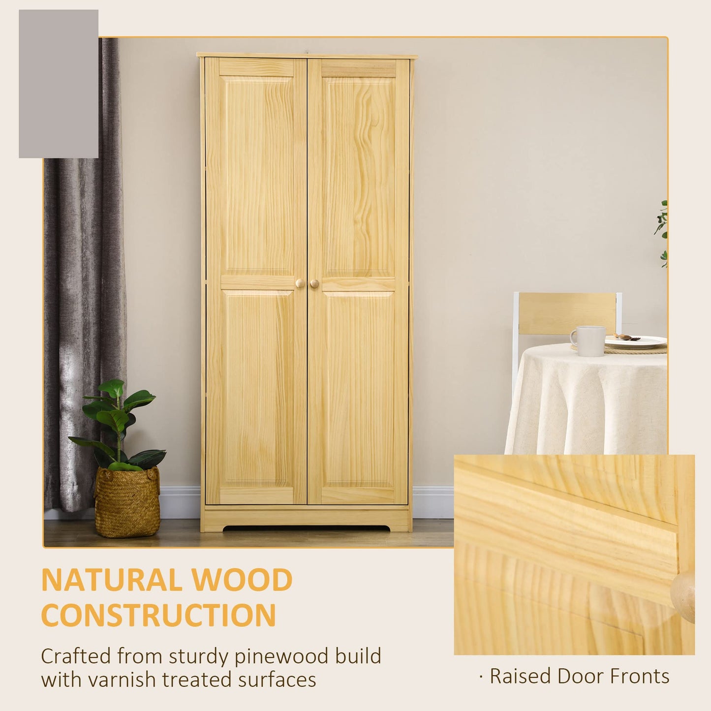 HOMCOM 67" Pinewood Kitchen Pantry Storage Cabinet, Freestanding Cabinets with Adjustable Shelves, Solid Wood Food Pantry with Soft-Close Doors for Living Room Dining Room, Light Brown