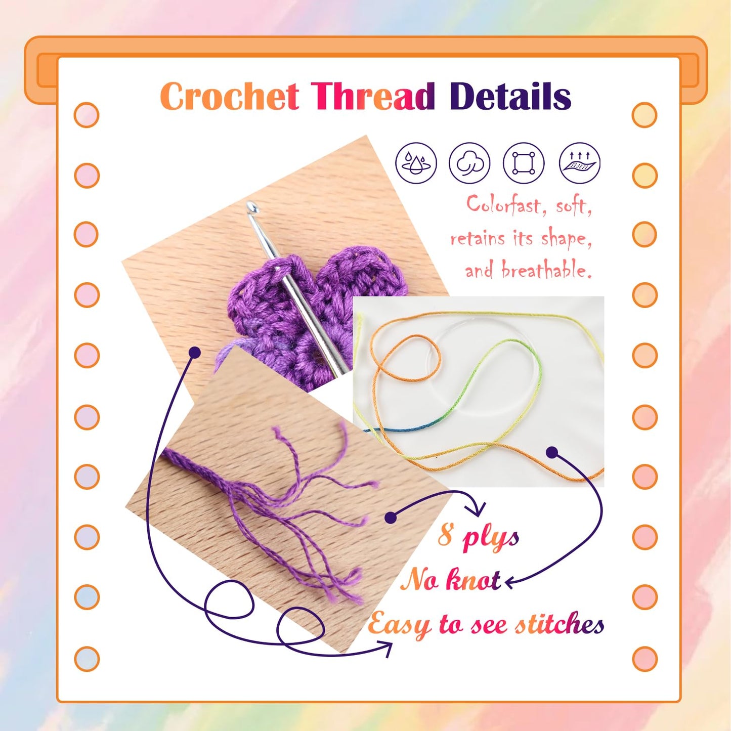 Lewhoo Crochet Thread Size 3, 3 Pack 100% Cotton Lace Yarn Set, 40g Balls Yarn for Hand Knitting Rainbow