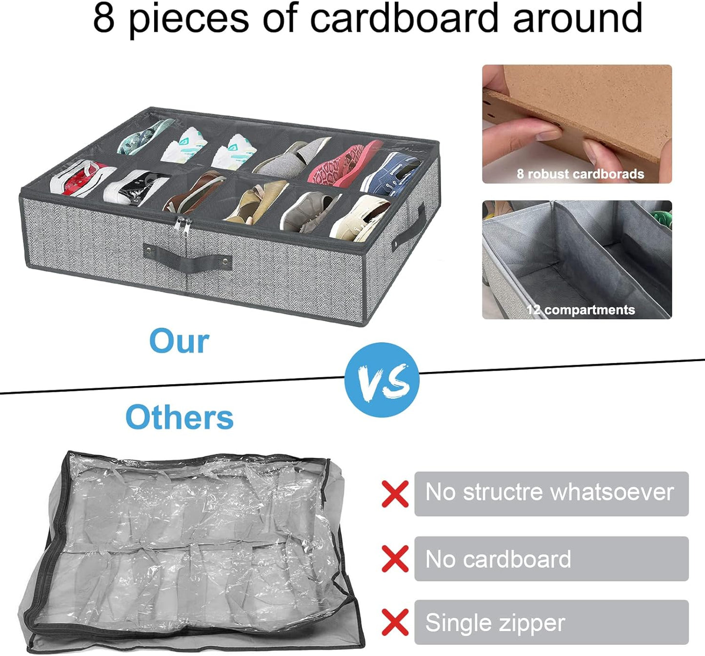 Under Bed Shoe Storage Organizer for Closet - Fits 24 Pairs, Set of 2 with Clear Cover (Herringbone Grey)