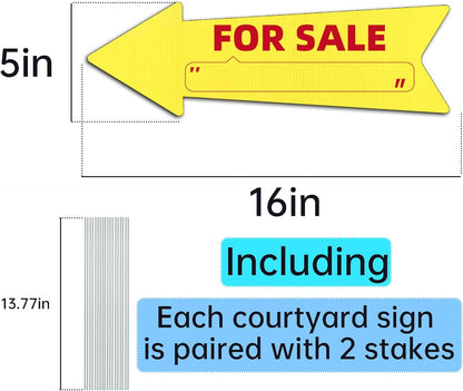 Yellow Arrow Yard Signs, 16 x 5 Inches, Double Sided Outdoor Estate Sale Signs, Plastic, 3 Pack with Stakes