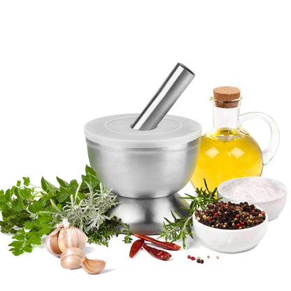 Flexzion Brushed Stainless Steel Mortar and Pestle, 4-Inch Muddler and Bowl for Spice and Herbs