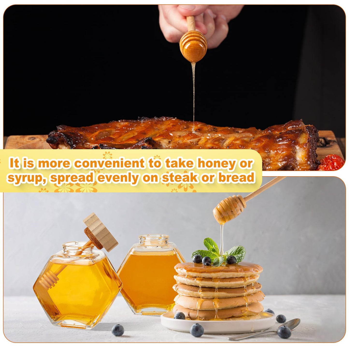 Sunnyray 20 Pcs Glass Honey Jars with Dipper Hexagonal Clear Glass Dispenser Small Honey Containers Bottle with Wooden Dipper and Cork Lid for Home Storage Kitchen (220 ml)