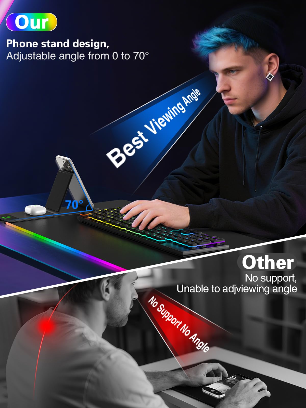 Mouse Pad with Wireless Charging, Large Desk Mat RGB Gaming Mousepad, 10 Light Colors LED Gaming Pad Keyboard Pad with Ultra-Smooth Surface & Non-Slip Rubber Base, Waterproof Full Desk Mouse Pad
