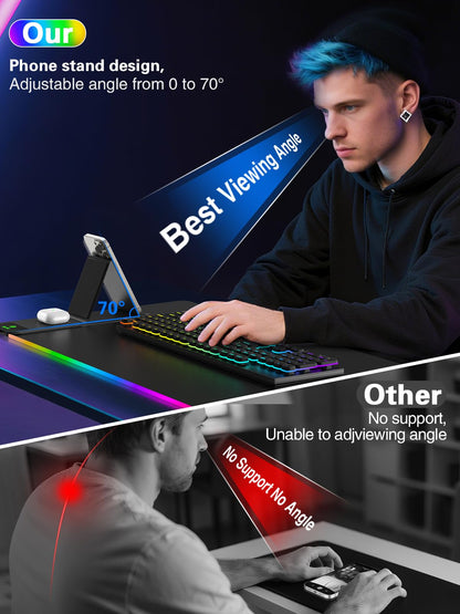 Mouse Pad with Wireless Charging, Large Desk Mat RGB Gaming Mousepad, 10 Light Colors LED Gaming Pad Keyboard Pad with Ultra-Smooth Surface & Non-Slip Rubber Base, Waterproof Full Desk Mouse Pad