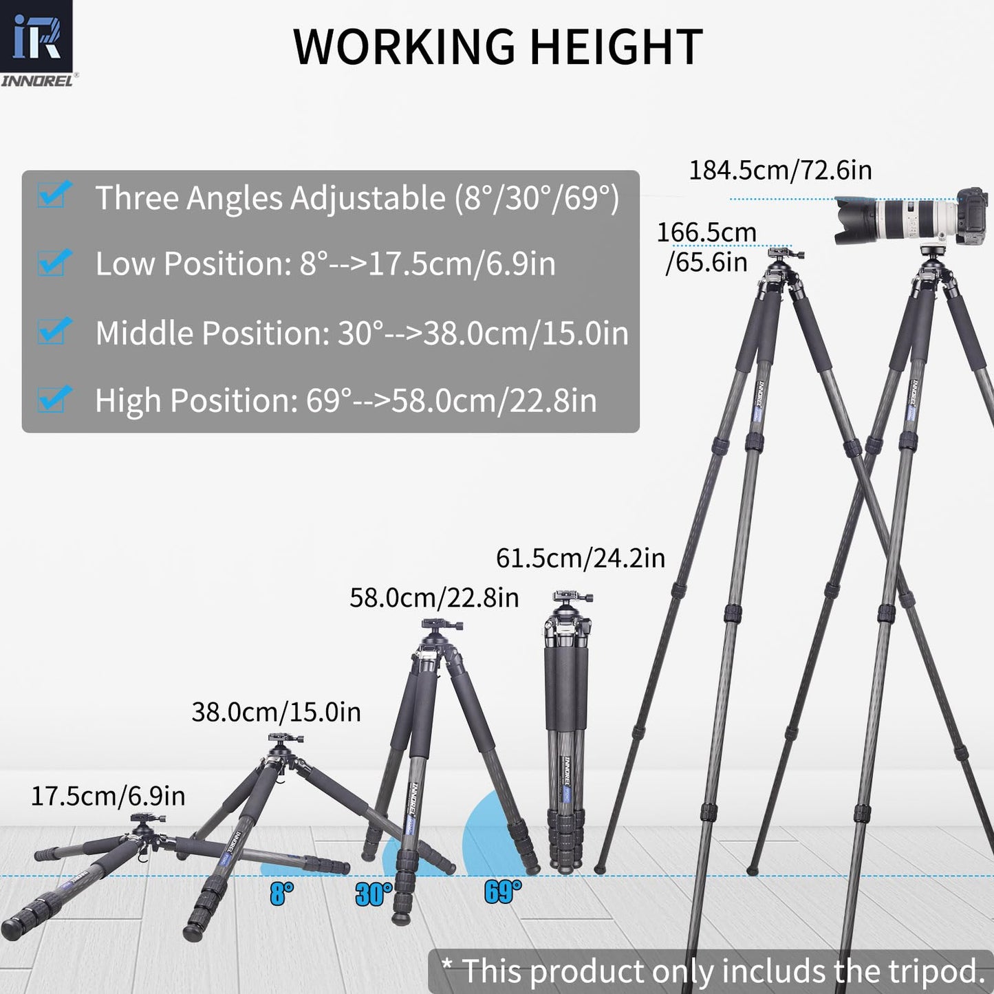 INNOREL P324C 65.6" Carbon Fiber Tripod for Hunting, 360° Rotating Ball Head(1.7"),with Arca Swiss Dovetail Mount,55lb/25kg Load, 32mm Tube Stable Tripod for Photography and Outdoors
