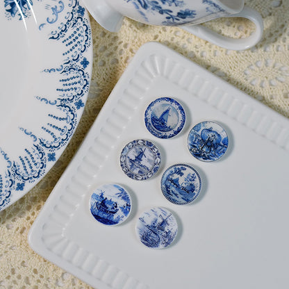6PCS Handcrafted Miniature Ceramic Plates in 1:12 or 1:6 Scale, Vintage Porcelain Playhouse Dishes (Blue-White B, 2.3CM)