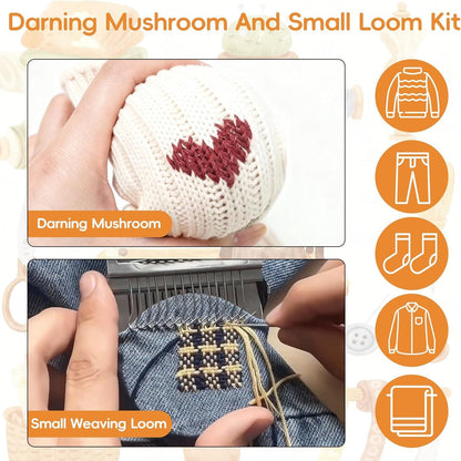 PHOXPH Mini Darning Loom Kit, Mushroom Knit Patch Kit, PatchMaker Mending Tool with 50 Colors Yarn, 14 Hooks, Weaving Loom for Socks, Jeans & Sweaters, Clothes Repair, Fixing Kit for Beginners