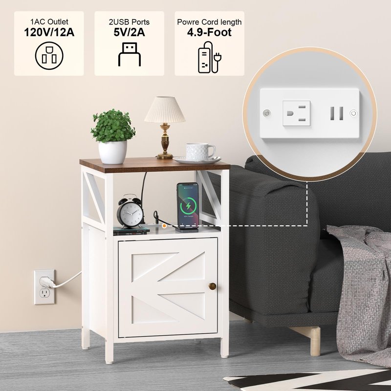 Farmhouse Side Table with Charging Station -3-Tier USB Ports & Outlets End Table, Compact Bedside Storage Table for Small Spaces, Multi-Functional Accent Table for Bedroom, Living Room, Couch Entryway
