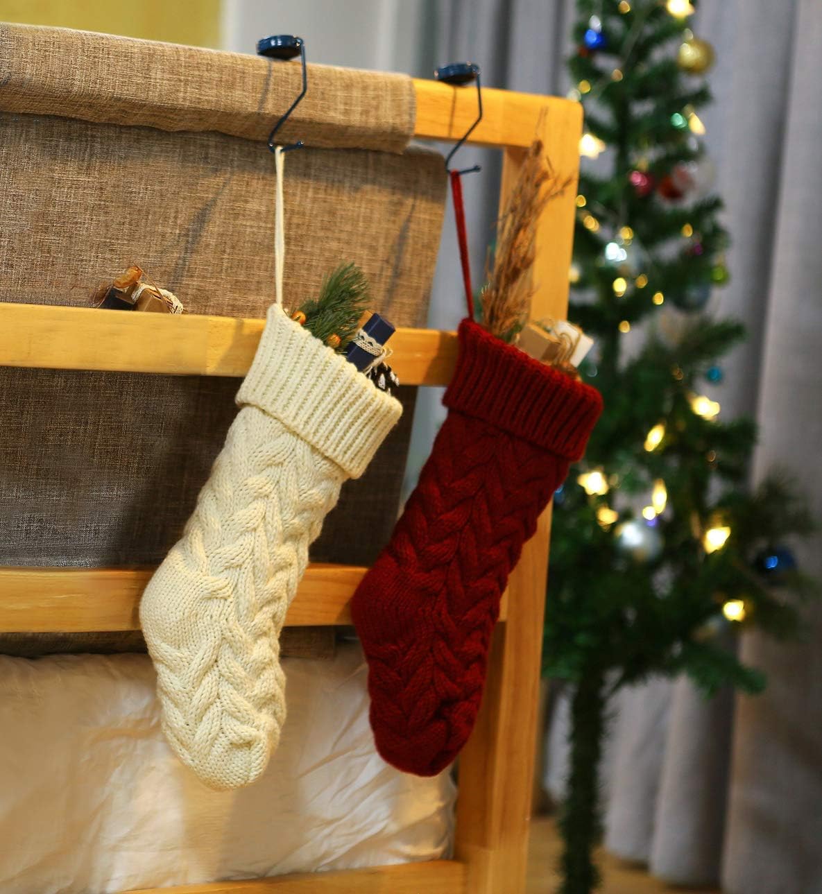 Set of 2 Crochet Knitted Christmas Stockings, Large 46CM Red White Cable Knit for Home Decor