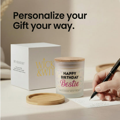 Bestie Birthday Gifts for Women - Happy Birthday Bestie Gifts for Women with Sprinkles Friendship Soy Candle Gift Set for BFF Sister Coworker Vanilla Lavender Candle Ready to Gift Box by Wick and Wit