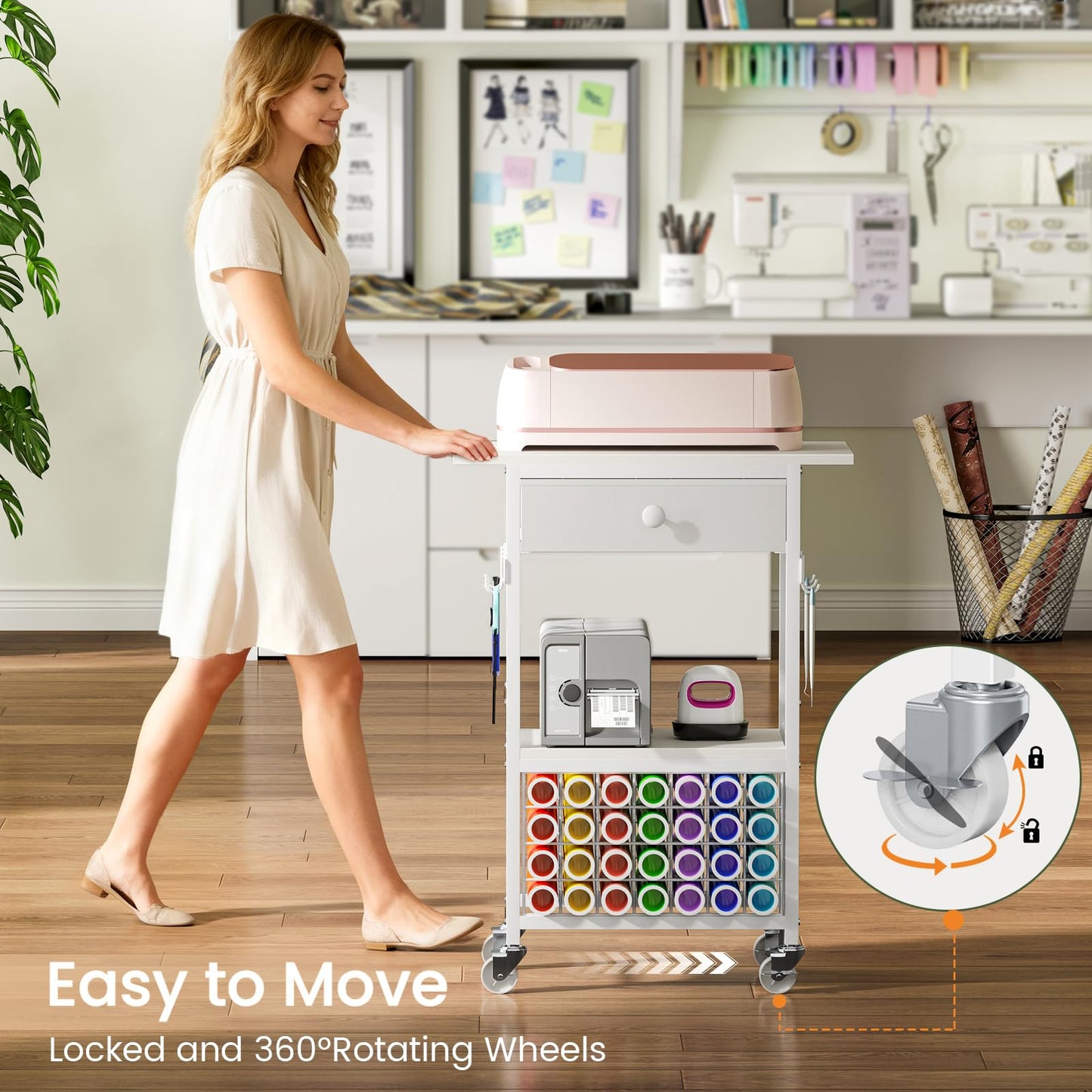 Snughome Craft Cart Compatible with Cricut Maker, Craft Organizers and Storage Table for Cricut Cart with Wheels, Drawer and 28 Vinyl Roll Holders, White, 23.6"(L) x 9.5"(D) x 31.7"(H)