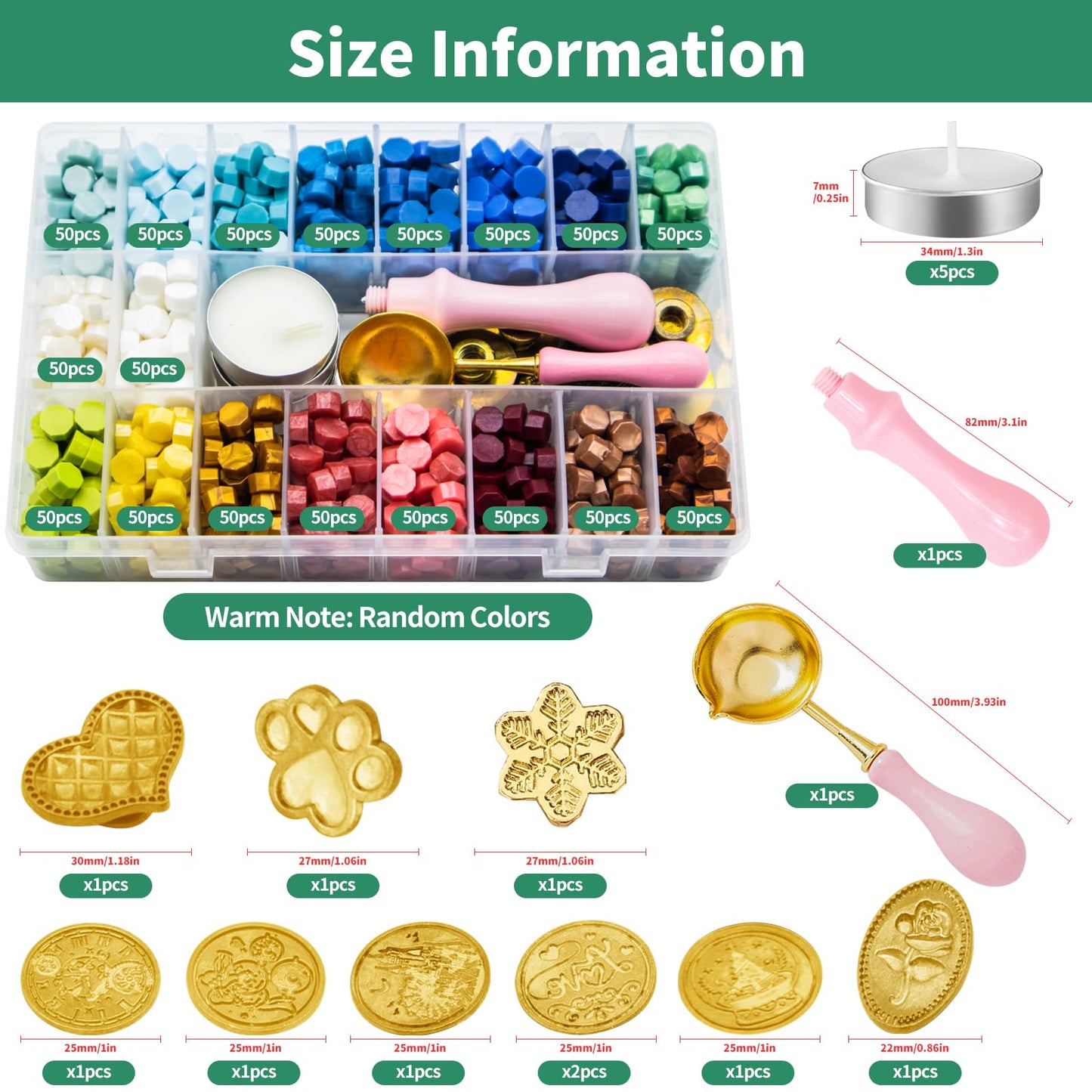 Yauhar 917Pcs Letter Sealing Kit Contains 18 Colors Wax Seal Beads, 10Pcs Stamps with Handle, Wax Spoon and Candle for Christmas Gift Wrapping & Envelope Sealing, Wedding Invitation