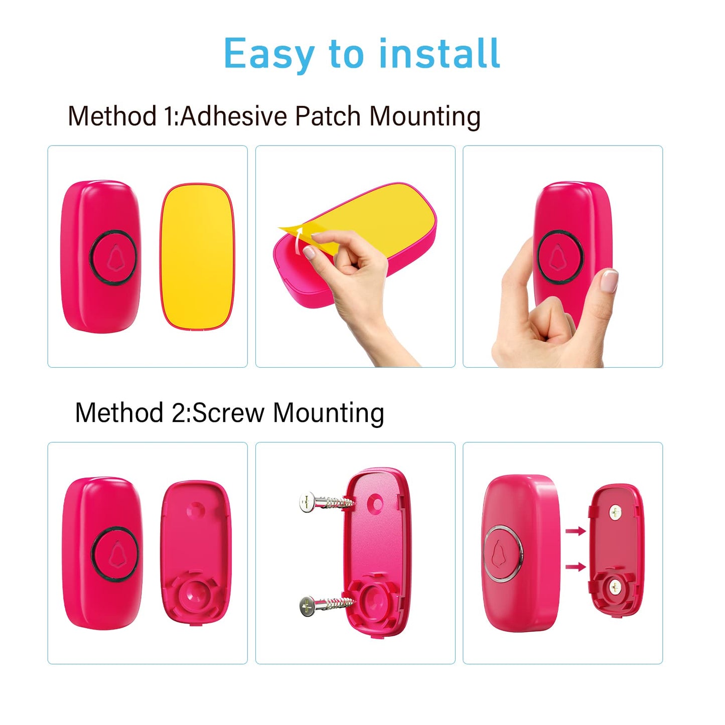 SECRUI Wireless Doorbells for Home, Classrooms, Apartments, Businesses, etc. Easy to Use, Adjustable Volume, 58 Chimes, Colorful LED, Waterproof, 1000Ft Range, M520+F55, Rose Red