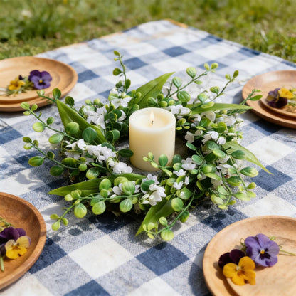 6 Pcs Green Boxwood Candle Rings Wreaths Mini Spring Summer Forsythia Wreath for Front Door Artificial Rings Wreaths with White Flowers for Pillar Porch Wall Window Farmhouse All Seasons Decor