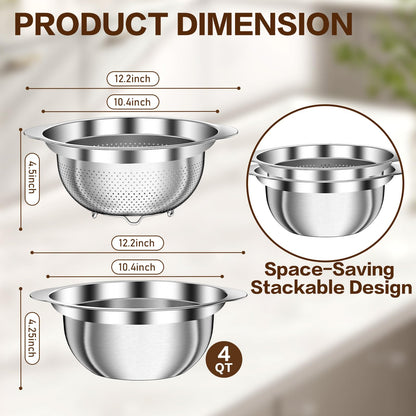 Colander, Strainer Bowl, Stainless Steel Colander, Rice Washing Bowl, Pasta Strainer & Vegetable Washer, Kitchen Strainer with Mixing Bowl for Draining, Food Prep, Dishwasher Safe, 4QT