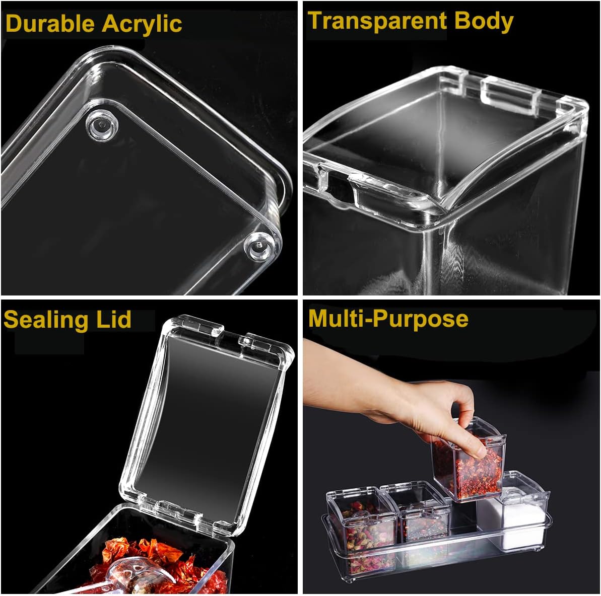 HANHAN Clear Seasoning Boxes, 4 PCS Acrylic Spice Shakers with Spoon, Lid & Tray for Kitchen Storage (Clear)